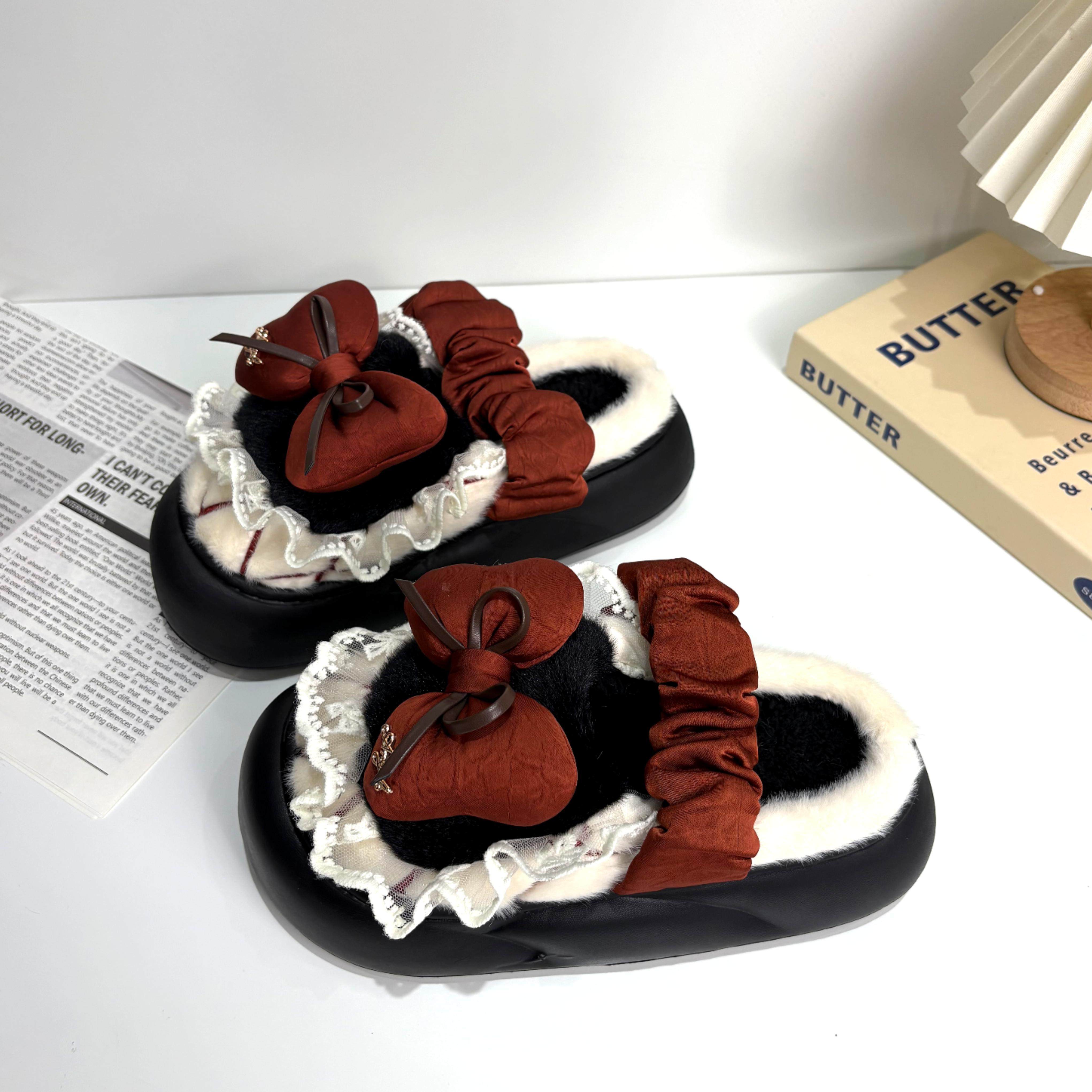 棉拖鞋女生可爱蝴蝶结冬季加绒厚底防滑宫廷洛丽塔松紧带学生