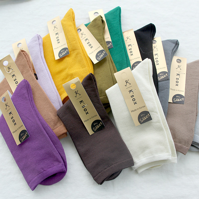 韩国进口KSOX平纹女袜子马克龙彩色丝光棉薄款中筒短袜春夏四季袜