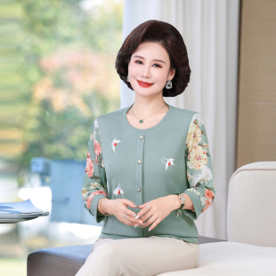 中老妈妈雪纺打底衫七分袖T恤上衣提花圆领套头洋气小衫2026春款