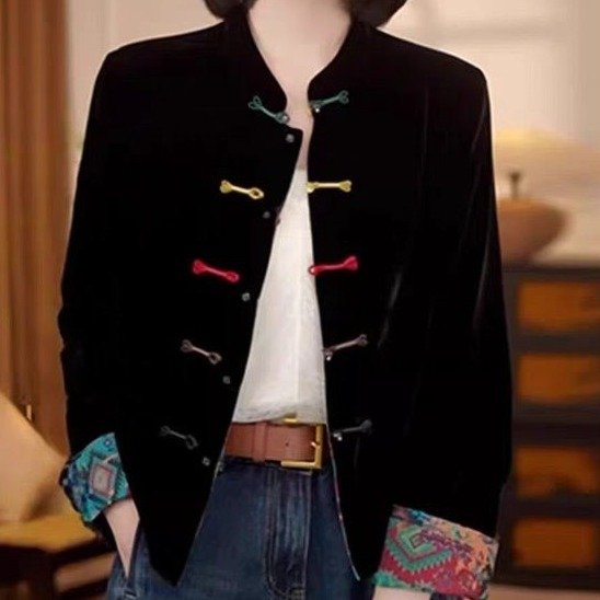 正品新中式国风盘扣外套女长袖宽松立领洋气时尚金丝绒春秋上衣女