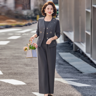 中年妈妈气质套装马甲上衣阔腿裤套装中老年女装洋气显瘦三件套