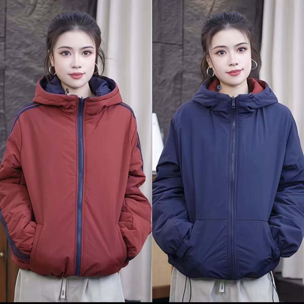 秋冬慵懒风拼接撞色棉服外套
