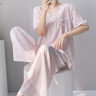 韩版甜美少女棉绸睡衣新款夏季短袖长裤套装可外穿公主风家居服薄