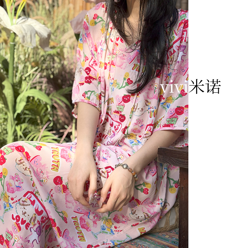 睡裙女夏季短袖长裤薄款家居裙