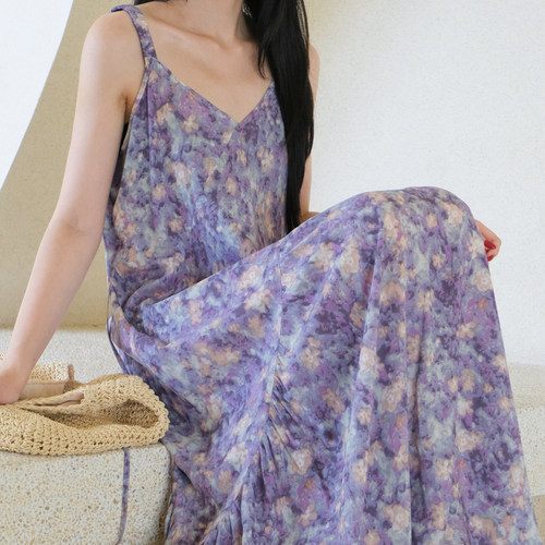 夏季薄款棉绸浅紫碎花吊带睡裙