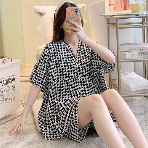 女棉绸开衫大码睡衣套装