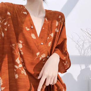 高级风V领印花棉绸睡衣女短袖系带家居服套装度假风可外穿两件套