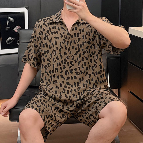 男士棉绸豹纹夏季薄款睡衣套装