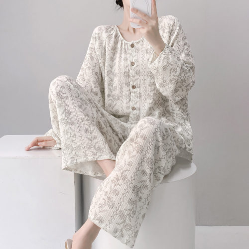 纯棉睡衣女春秋碎花开衫宽松透气家居服套装外穿2025新款大码复古