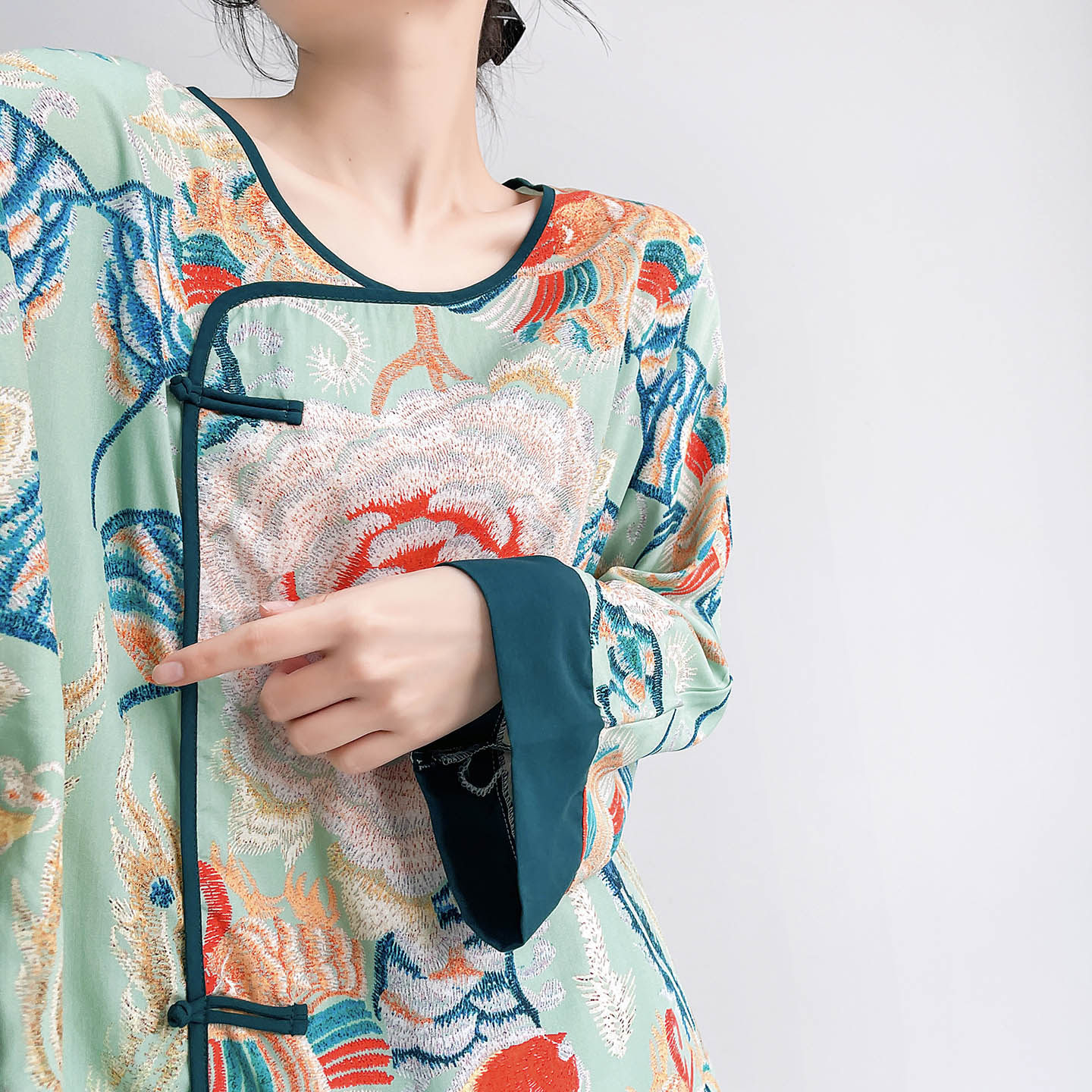 薄荷绿长袖绵绸睡衣女春夏季新中式国风可外穿棉绸家居服凉感套装