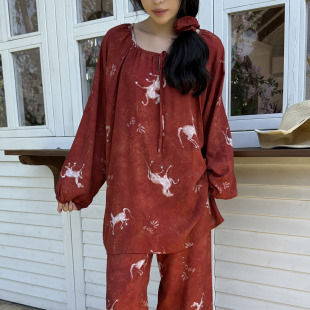 棉绸睡衣女春秋长袖 素棉绸家居服套装 可外穿简约新中式 国风 小马元