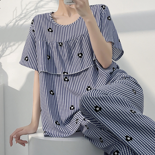 荷叶边格纹棉绸睡衣女夏短袖长裤小花印花家居服套装可外穿防凸点