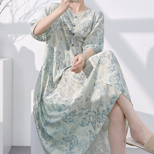 夏季棉绸碎花睡裙女短袖圆领小清新中长款宽松可外穿休闲风连衣裙