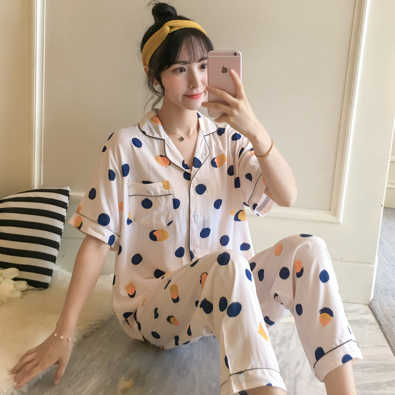 棉绸睡衣女夏季薄款短袖长裤套装人造棉开衫日系小清新绵绸家居服