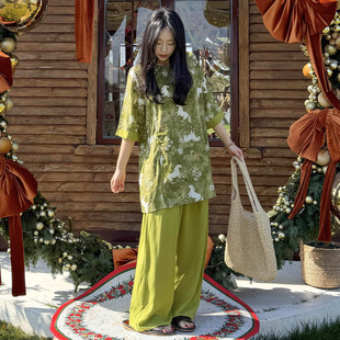 马年新款新中式棉绸睡衣女中长款汉服通勤高级感家居服人造棉套装