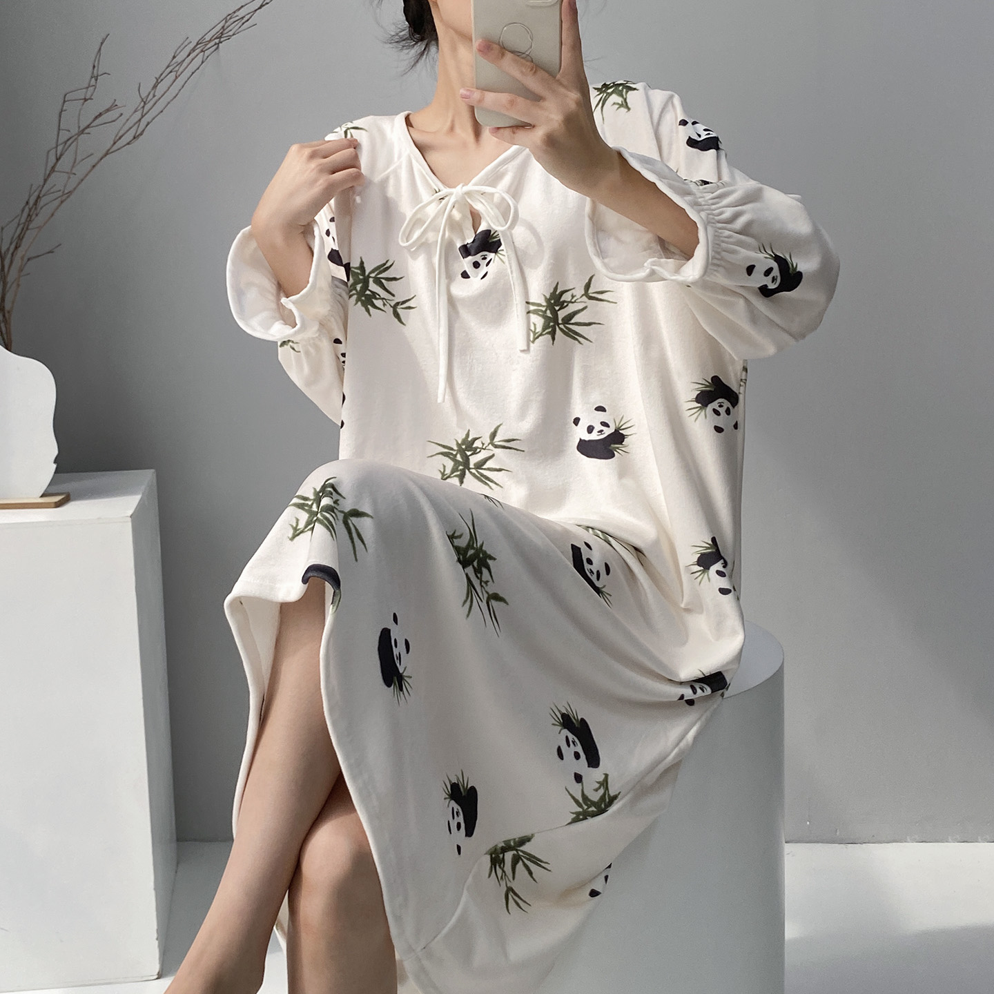 秋冬海岛绒国风熊猫白保暖睡裙女长袖宽松大码系带家居服睡裙加绒