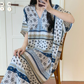 家居服民族风绵绸裙薄款 度假风V领印花睡裙女夏宽松显瘦长款 大码