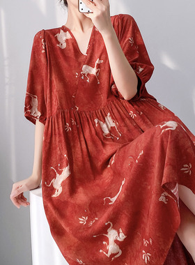 2026新款短袖睡裙女夏V领小马元素新年红色棉绸家居服中长款裙子
