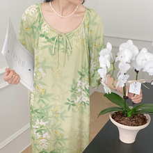 新中式国风棉绸睡裙女夏改良旗袍气质睡衣系带减龄度假印花绵绸裙