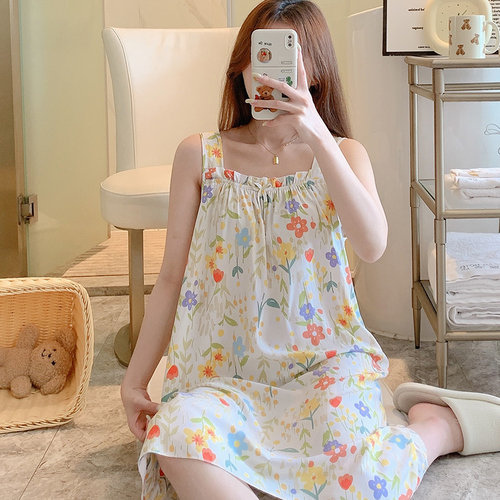 薄款棉绸夏季可爱印花吊带睡裙