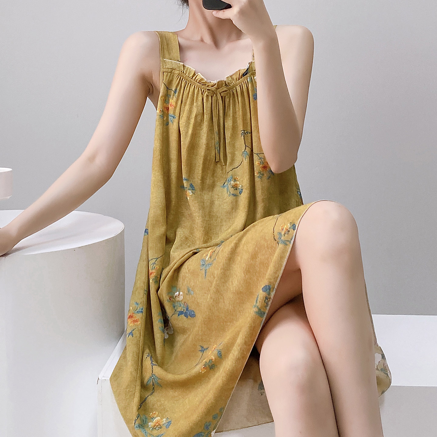 新中式国风睡衣女夏季棉绸吊带裙