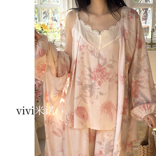 春夏天甜美风棉绸睡衣女三件套蕾丝花边家居服套装可外穿度假风薄