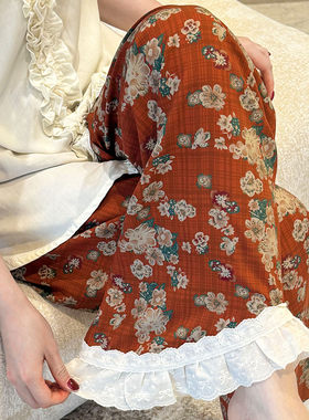 棉绸碎花阔腿松紧腰女裤