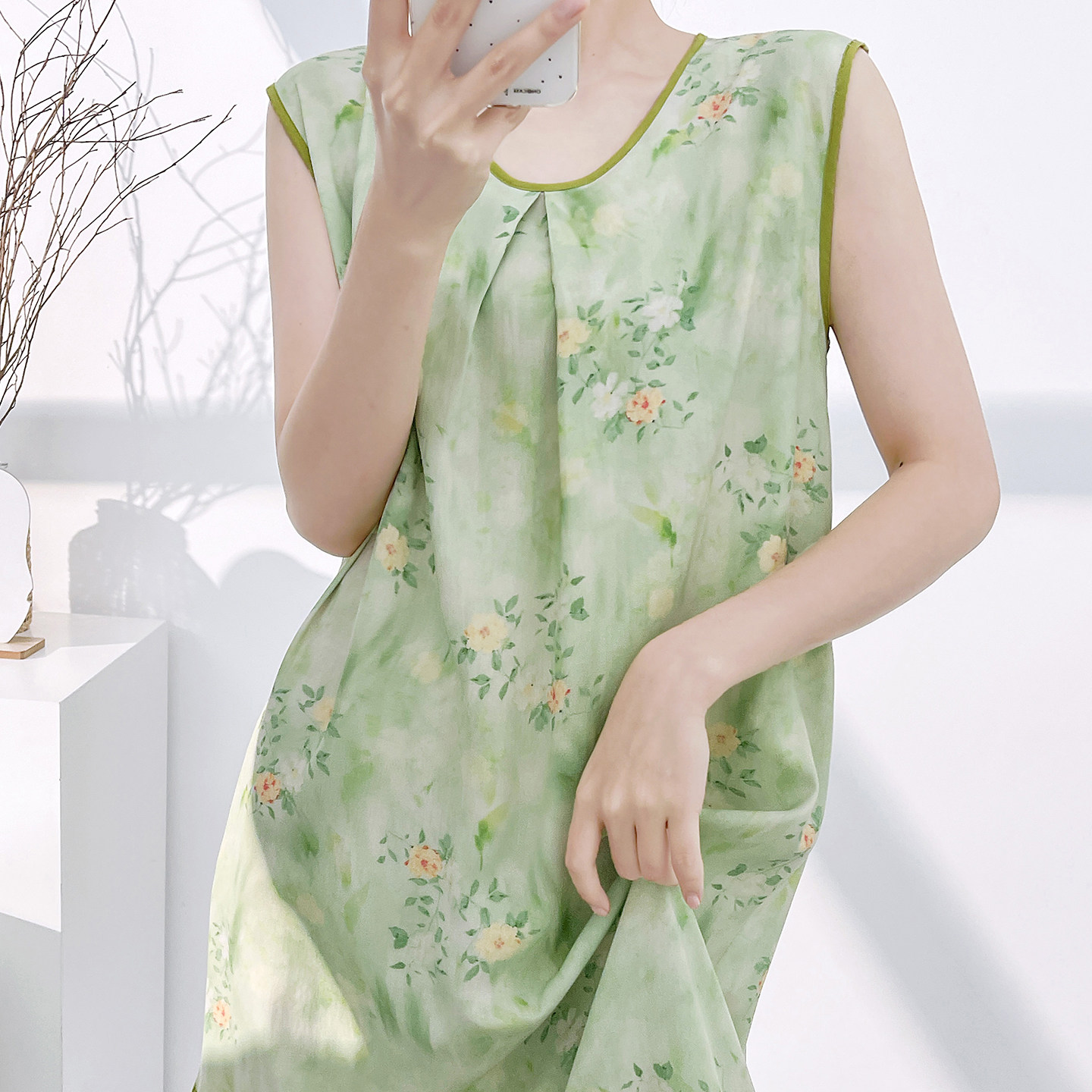 无袖碎花印花睡裙女夏季高级感棉绸中长款套头宽松连衣裙度假长裙
