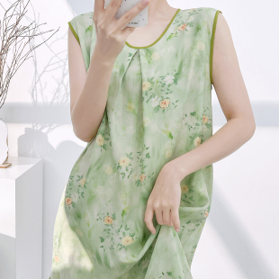 无袖碎花印花睡裙女夏季高级感棉绸中长款套头宽松连衣裙度假长裙