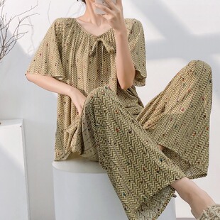 高级感短袖长裤绵绸睡衣女春夏季系带宽松家居服人造棉套装可外穿