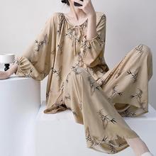 新中式国风复古棉绸睡衣女春秋新款长袖长裤大码家居服套装可外穿