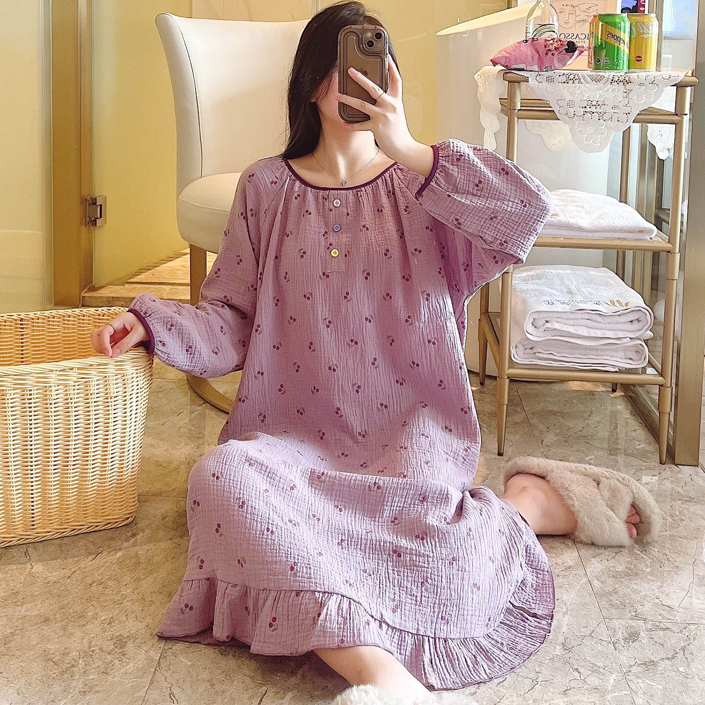 纯棉长袖睡裙女樱桃印花宽松大码2025新家居服可外穿睡衣裙婴儿棉