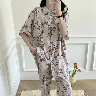 慵懒风印花衬衫领睡衣女夏季短袖长裤可外穿家居服BF风棉绸套装薄