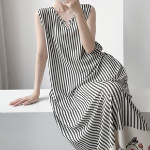 纯情无袖棉绸睡裙女夏季长裙显瘦可外穿家居服带口袋长款连衣裙