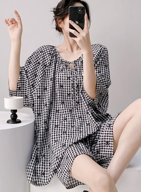 棉绸睡衣女士夏季短袖短裤套装