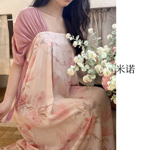 短袖绵绸睡裙女夏季方领改良汉服国风绵绸裙家居服可外穿裙子薄款