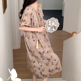 人造棉睡裙古风宽松绵绸裙 2024年新款 棉绸睡衣女夏薄款 新中式 短袖