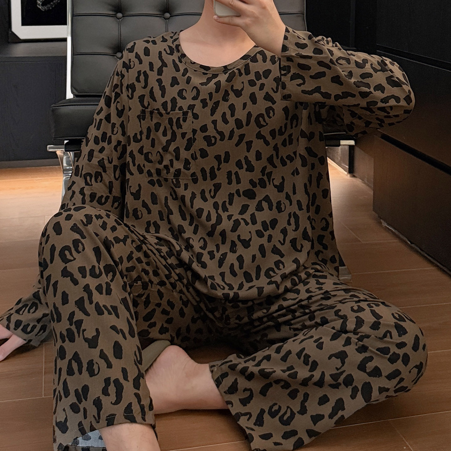 春夏季长袖长裤棉绸睡衣男士豹纹宽松舒适休闲圆领家居服薄款套装
