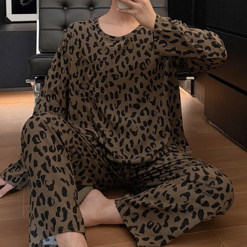 春夏棉绸男士豹纹薄款睡衣套装