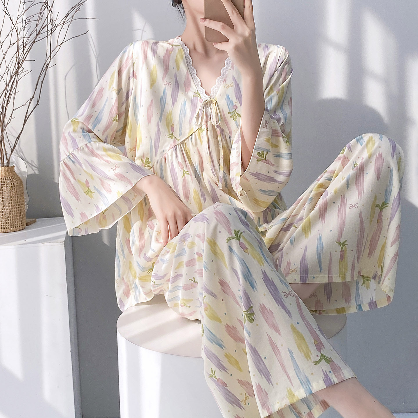甜美风绵绸睡衣女春夏七分袖带胸垫可外穿家居服免穿内衣棉绸套装
