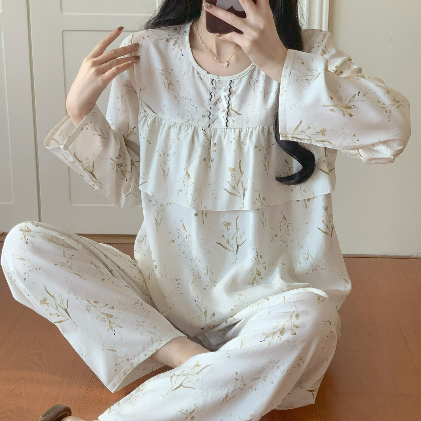 防凸点绵绸睡衣女春秋季长袖可外穿免穿内衣印花家居服人造棉套装