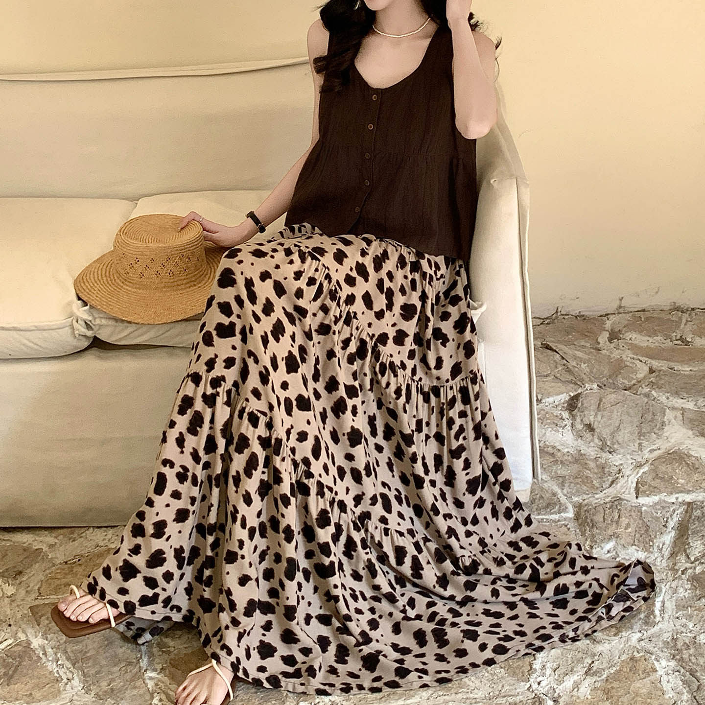 复古豹纹棉绸长裙女夏百褶蛋糕裙显瘦仙女睡裙海边度假大摆半身裙