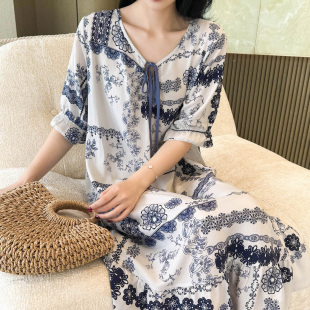 复古棉绸睡裙女夏季短袖中长款可外穿民族风系带睡衣高级感连衣裙
