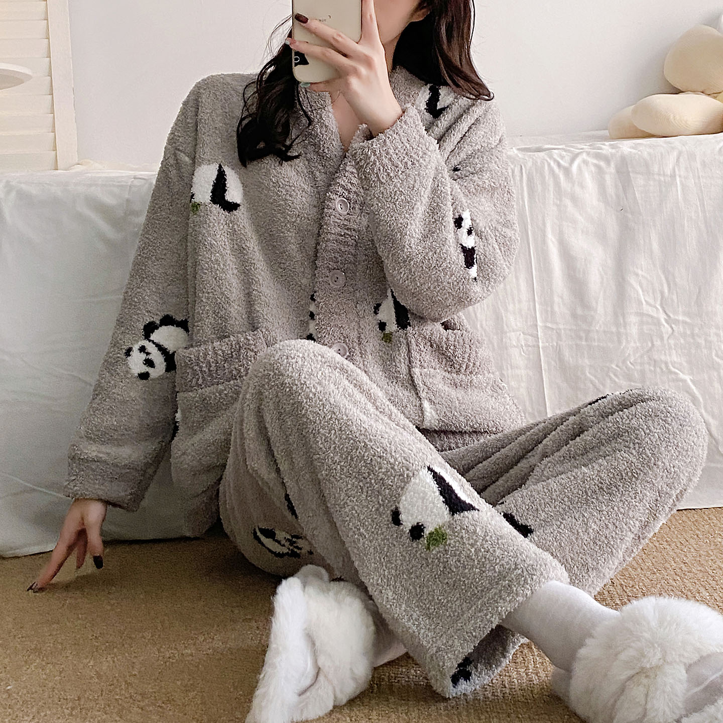 新中式可爱熊猫半边绒睡衣女冬季加厚保暖大码家居服套装2025新款