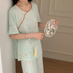棉绸套装 国风睡衣女夏季 凉感家居服高级感大码 可外穿短袖 薄 新中式