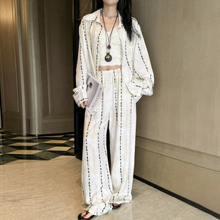 长袖 老钱风条纹棉绸套装 薄款 阔腿裤 防晒套装 三件套装 女春夏季 开衫