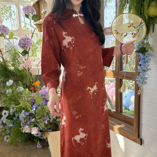 新年睡衣小马元素棉绸睡裙女春夏季红色长袖连衣裙大码国风绵绸裙