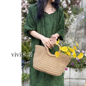 VIVI米诺睡衣新中式国风睡裙女夏季棉绸复古蝴蝶印花中袖家居人造棉加长连衣裙