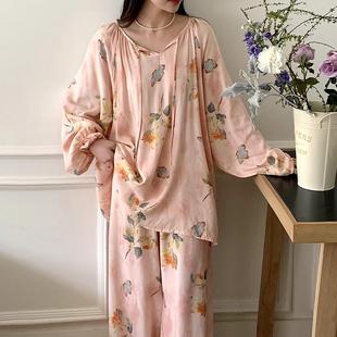 长裤 新中式 长袖 棉绸睡衣女春夏季 宽松胖MM200斤可穿家居服 加大码