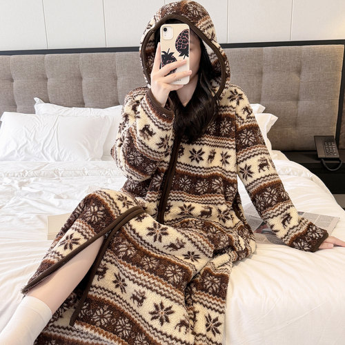 疗愈居家费尔岛印花睡袍女冬季加厚连帽长款保暖家居服保暖米粒绒